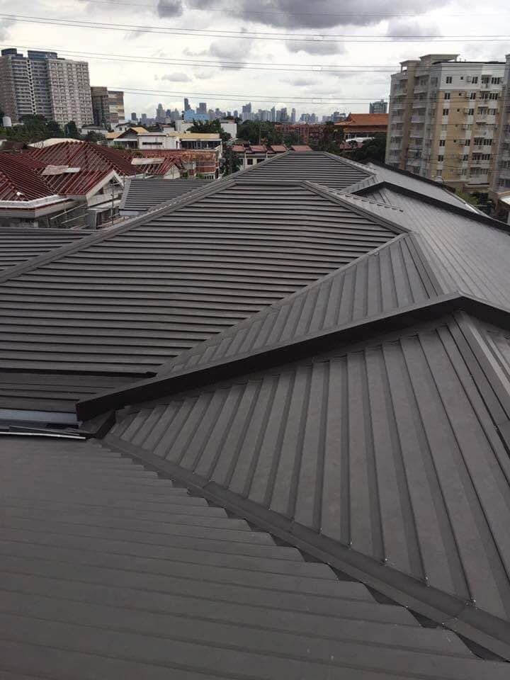 Rib-type metal roofing on a residential property with city skyline